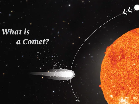 Illustration of a comet traveling through space between the earth and sun