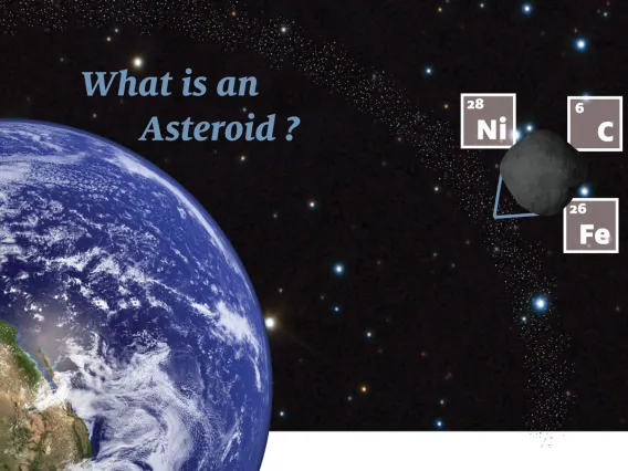 What's an asteroid? an image of the earth bigger than an asteroid in the asteroid belt. The selected asteroid has the 3 main elements that make up an asteroid from the periodic table overlaid.