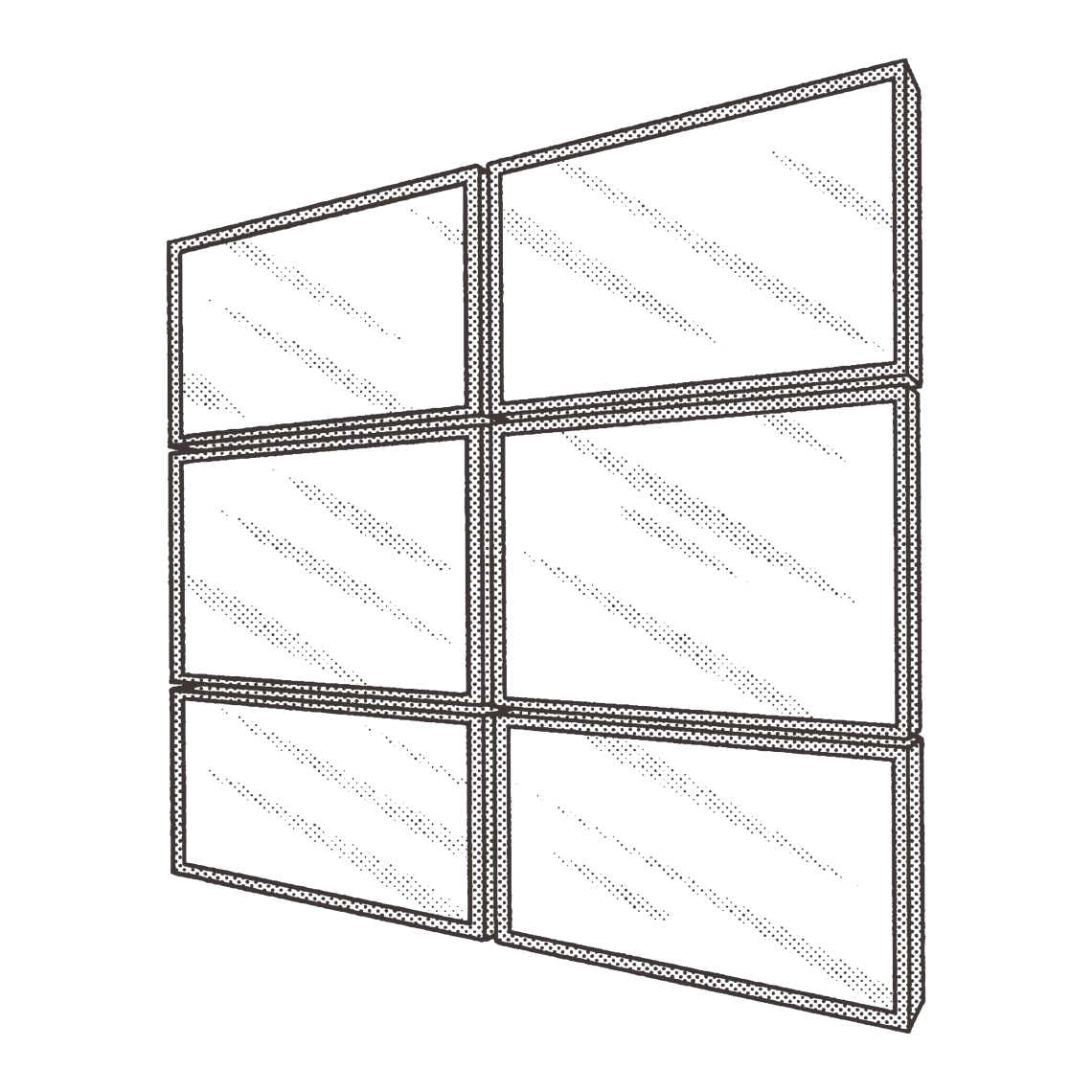 illustrations of six screens assembled to make a large monitor display