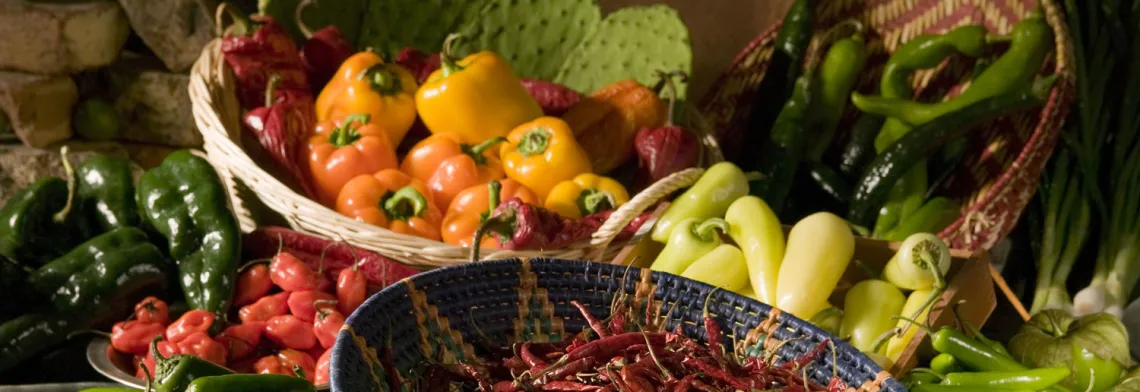 Baskets of peppers, chilis and cactus