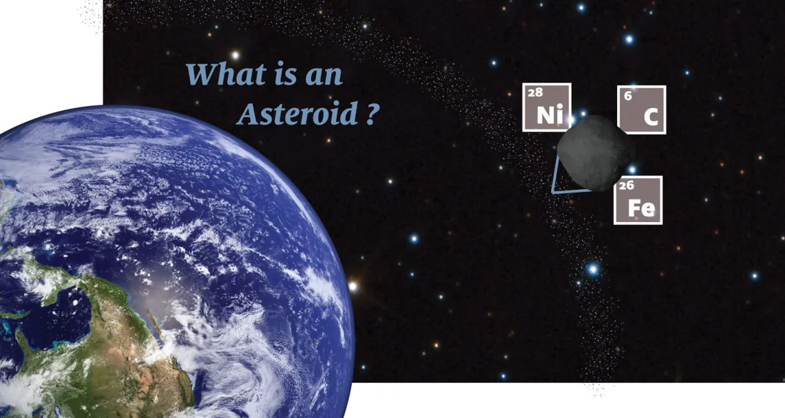 What's an asteroid? an image of the earth bigger than an asteroid in the asteroid belt. The selected asteroid has the 3 main elements that make up an asteroid from the periodic table overlaid.