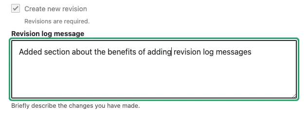 screenshot showing where to add a revision log message to your page