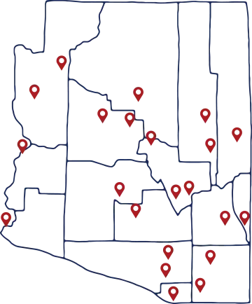 A map of Arizona with U of A Cooperative Extension locations indicated