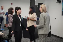 A student entrepreneur discusses her pitch with BIO5 Institute director Jennifer Barton at Student Startup Demo Day.